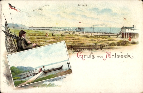 Chromo-Litho Ostseebad Ahlbeck Heringsdorf Usedom, beach, at Lake Wolgast, fisherman, pier