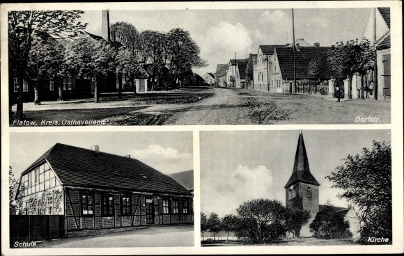 Postcard Flatow Kremmen in der Mark, Dorfstrasse, school, church