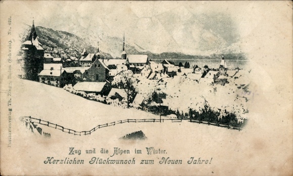 KP Zug miasto Szwajcaria, widok ogólny, Alpy, zima