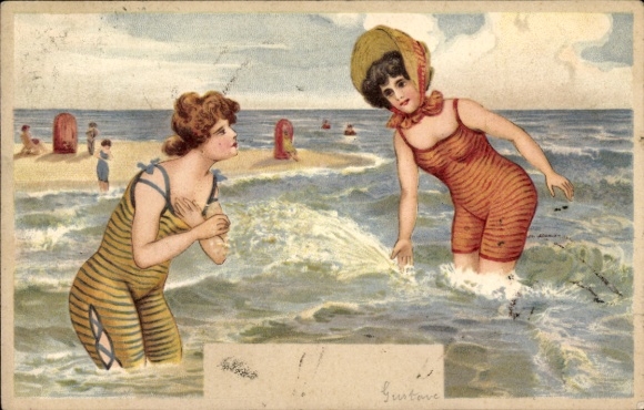 Litho Zwei Frauen in Bademoden am Strand