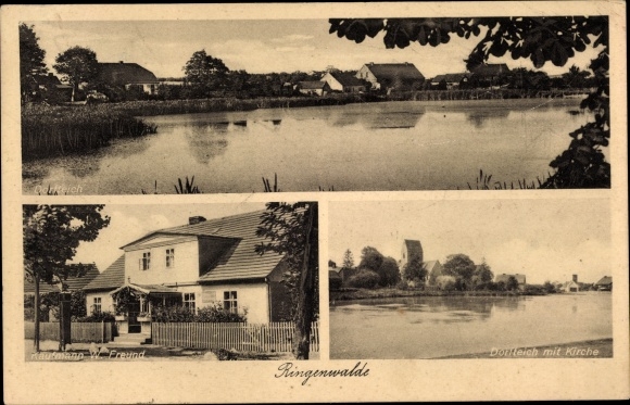 Ak Ringenwalde in de Mark, dorpsvijver, koopman W. Freund, kerk