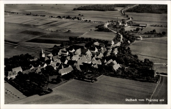 Postcard Riedbach in Lower Franconia, aerial photograph of agricultural landscape, no people