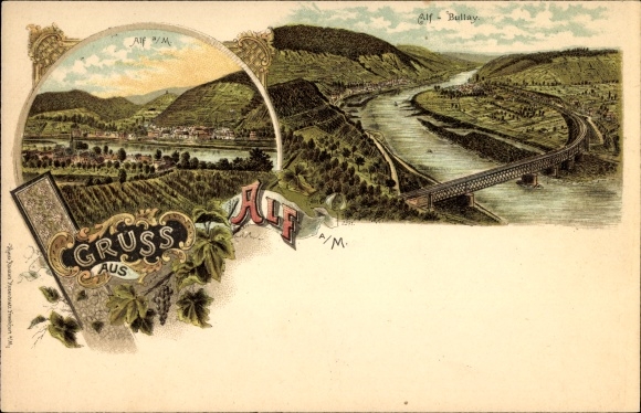 Litho Alf an der Mosel Rheinland Pfalz, Ortschaft mit Landschaftsblick, Bullay, Brücke