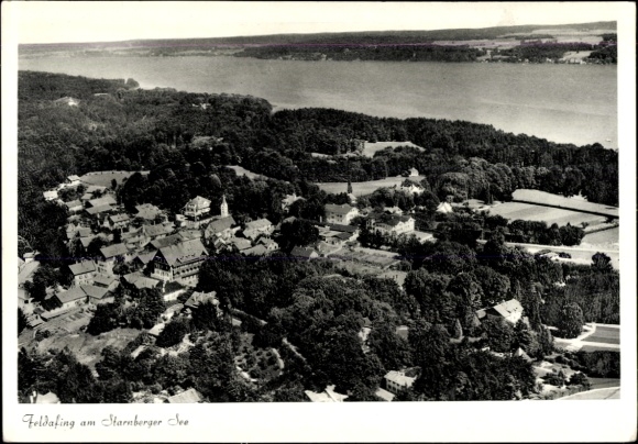 Postcard Feldafing on Lake Starnberg, Upper Bavaria, aerial view of Lake Starnberg, trees, houses