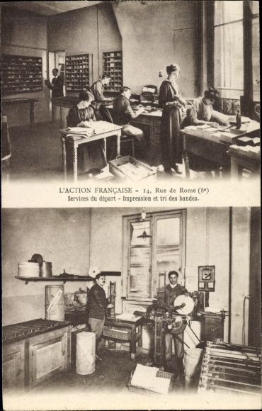 Postcard Paris, L&#39;Action Francaise, Rue de Rome, Departure services, Printing and sorting of tapes