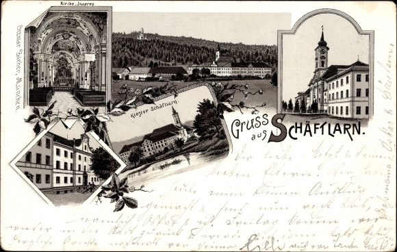 Litho Schäftlarn Opper-Beieren, klooster, kerk, gedeeltelijke aanzichten