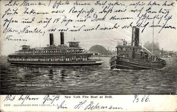 Postkaart Hoboken New Jersey USA, New York Brandweerboot bij Drill, stoomboot