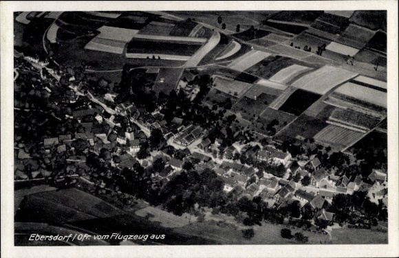 Postcard Ebersdorf in Thuringia, aerial view of landscape, houses, fields