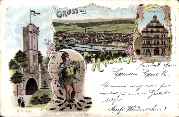 litho Hamelen aan de Weser Nedersaksen, Rattenvanger van Hamelen, Toren