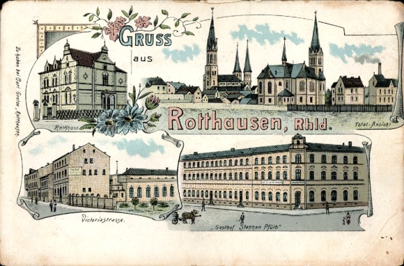 Chromo-Litho Rotthausen Gelsenkirchen, total, Victoriastraße, Gasthof Stephan Pfülb, town hall