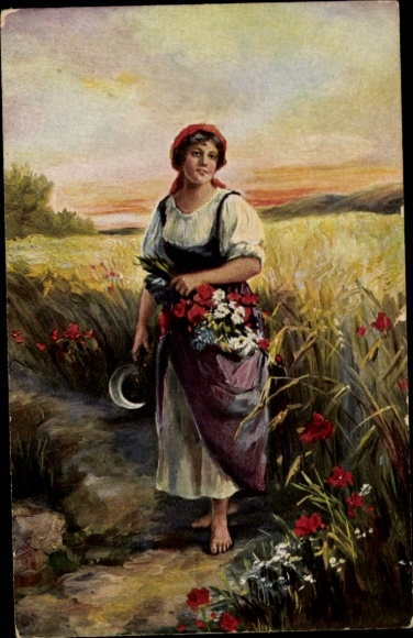 Artist Postcard Schmidt, Günter, In the field of ears of corn, woman with sickle, grain field, poppies