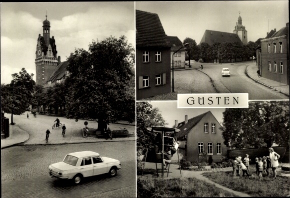 Ak Güsten in Anhalt, Stadtansichten, Rathaus, Kirchplatz, Kindergarten, historische Atmosphäre