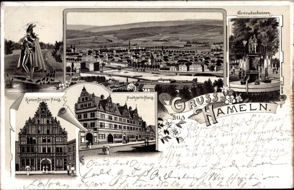 Chromo-Litho Hamelin in Lower Saxony, Pied Piper House, Wedding House, Gertrudenbrunnen