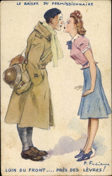 Artist Postcard French soldier and woman kissing.