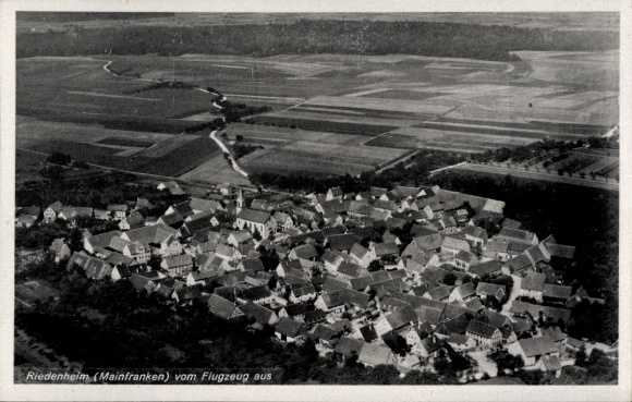 Postcard Riedenheim in Lower Franconia, aerial photograph of field landscape, 1940s, black and white