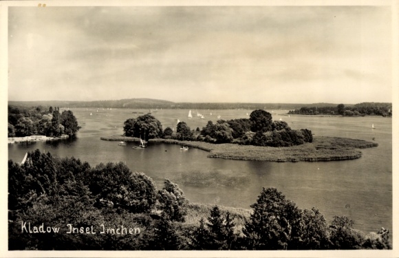 Ak Berlin Spandau Kladow, Seenlandschaft, Kladow Insel, Boote, Bäume, ruhiges Wasser
