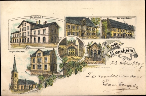 Chromo-Litho Monsheim in Rheinhessen, castle, train station, post office, Mennonite church, castle gate