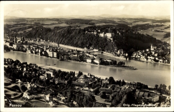 Postcard Passau in Lower Bavaria, aerial photograph of the town and surroundings