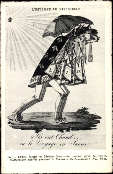 Postcard Louis, Joseph and Jerome Bonaparte leaving for Switzerland
