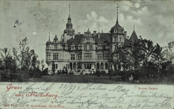 Moonlight Postcard Bückeburg in the district of Schaumburg, new palace