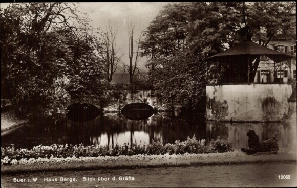 Postcard Buer Gelsenkirchen in the Ruhr area, Berge Castle, beautiful view over the pond, pavilion, trees