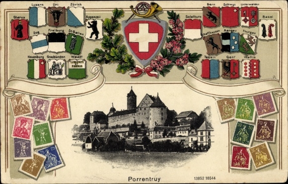 Herb wytłaczany Znaczki KP Pruntrut Porrentruy Kanton Jura, Widok na wieś, Herb kantonu