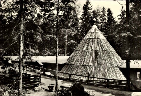 Postcard Sosa Eibenstock in the Ore Mountains, restaurant "Meiler", Dam of Peace, forest, trunks, roof