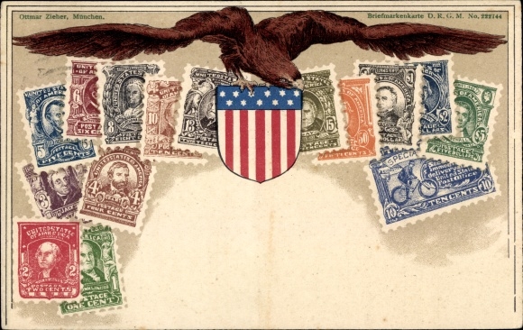 Stamps Chromo-Litho USA, Eagle, Coat of Arms, 2 Cents, Ten Cents