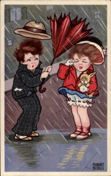 Artist Postcard Boriss, M., Stormy Weather, Dog, Damaged Umbrella, Amag 0333