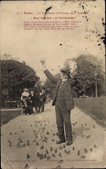 Postcard Paris, Jardin des Tuileries, The Bird Charmer, Mon Cahard and Ferdinand