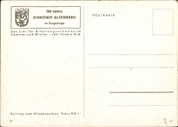Kunstenaarskaart Heinmann, Ertsgebergte Altenberg, 500 jaar Zinnstadt, afstandsschot, kerk, plaats
