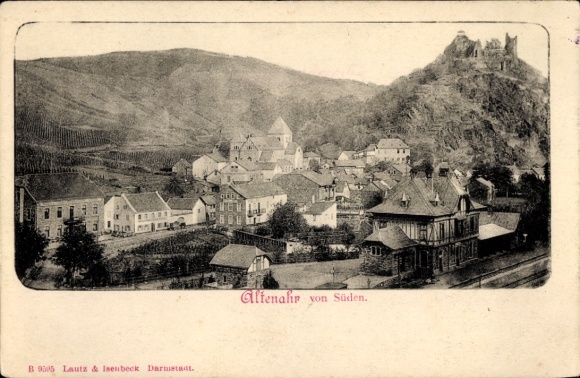 Postcard Altenahr in the Ahr valley, view of castle ruins, vineyards, houses