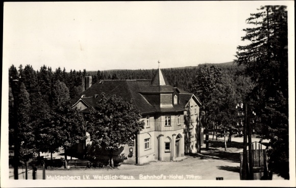 Postcard Muldenberg in the Vogtland, Weidlich house, station hotel, forest
