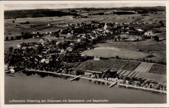 Postcard Chieming am Chiemsee Upper Bavaria, aerial photography, beach, sailing harbor
