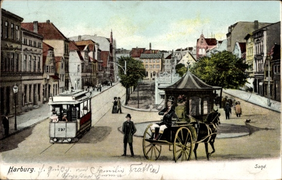 Ak Hamburg Harburg, Sand, Straßenpartie, Straßenbahn, Kutsche
