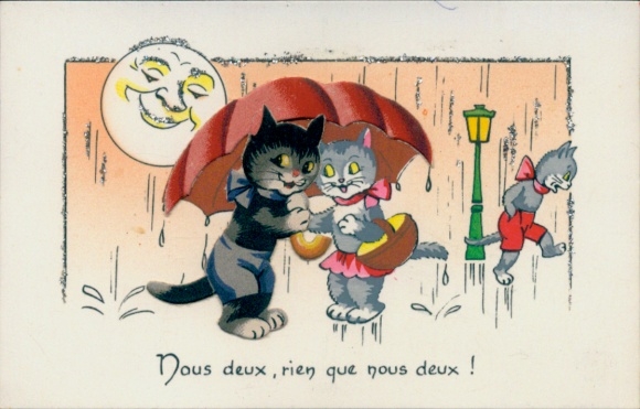 Glitter Postcard Cats under Umbrella, Rainy Weather