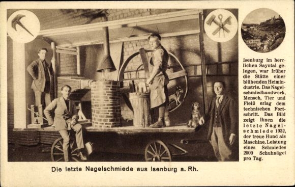 Postcard Isenburg am Rhein, The last nail forge, blacksmith, interior view