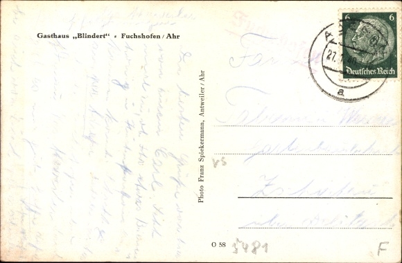Postcard Fuchshofen Ahrweiler Pfalz, partial view with Gasthof Blindert