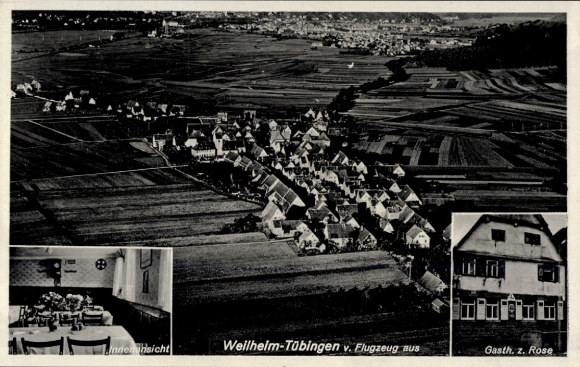 Ak Weilheim Tübingen am Neckar, Luftaufnahme von Weilheim-Tübingen, Innenansicht, Gasthaus z. Ros