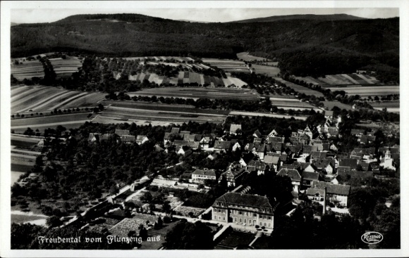 Postcard Freudental in Württemberg, aerial view of fields and forest landscape, buildings
