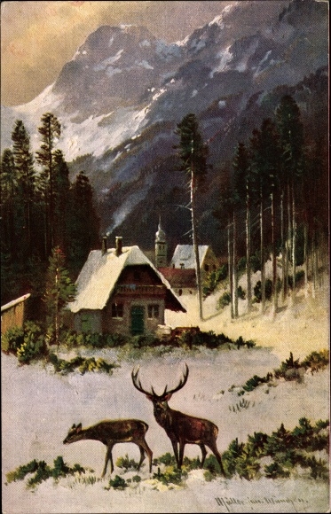 Artist Postcard Village party, mountain landscape, deer, deer