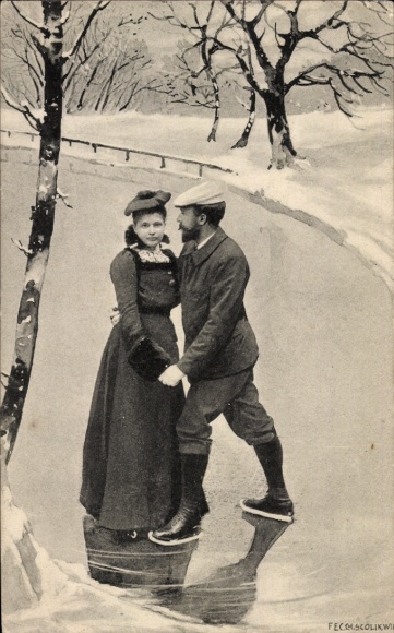 Chromo-Litho couple ice skating on the lake