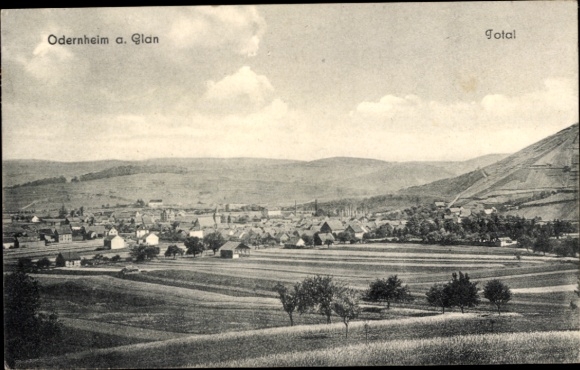 Ak Odernheim am Glan Rijnland-Palts, landschapsgezicht met velden, Odernheim, bergen op de achtergrond