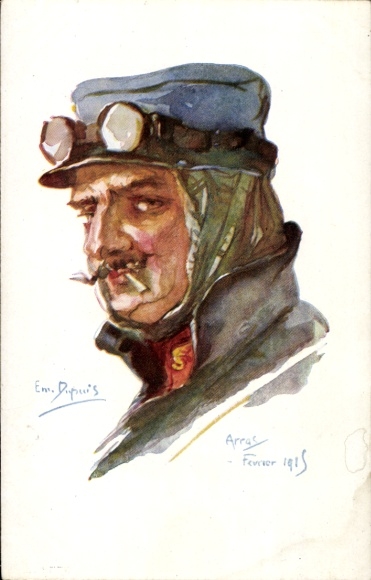 Kunstenaarskaart Dupuis, Emil, Arras 1915, Franse soldaat, pilotenbril, sigaret