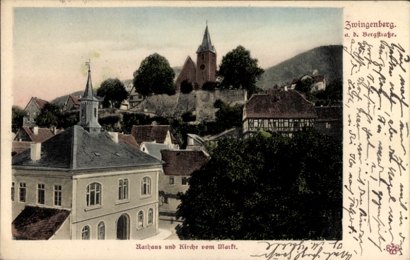 Postcard Zwingenberg on the Bergstraße in Hesse, town hall and church from the market
