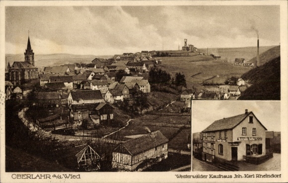 Ansichtkaart Oberlahr an der Wied Westerwald, algemeen beeld, warenhuis Westerwald, eigenaar Karl Rheindorf