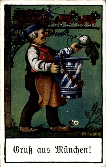 Kunstenaarskaart München, bierpul, man, paarden, koets, biervaten