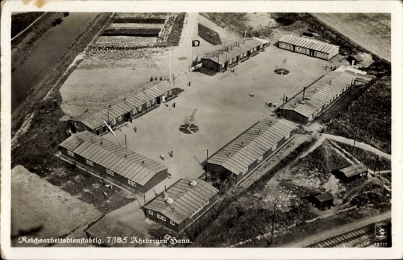Postcard Ahrbergen Giesen in Lower Saxony, Reich Labor Service Department 7/185, aerial photograph