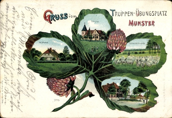 Kleeblatt Litho Munster im Heidekreis, Truppenübungsplatz Munsterlager, Schneckenherde, Kirche