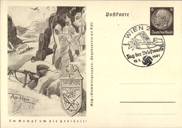 Postal stationery artist Postcard Axster Heudtlaß, In the fight for freedom, Narvik, mountain infantry in Norway
